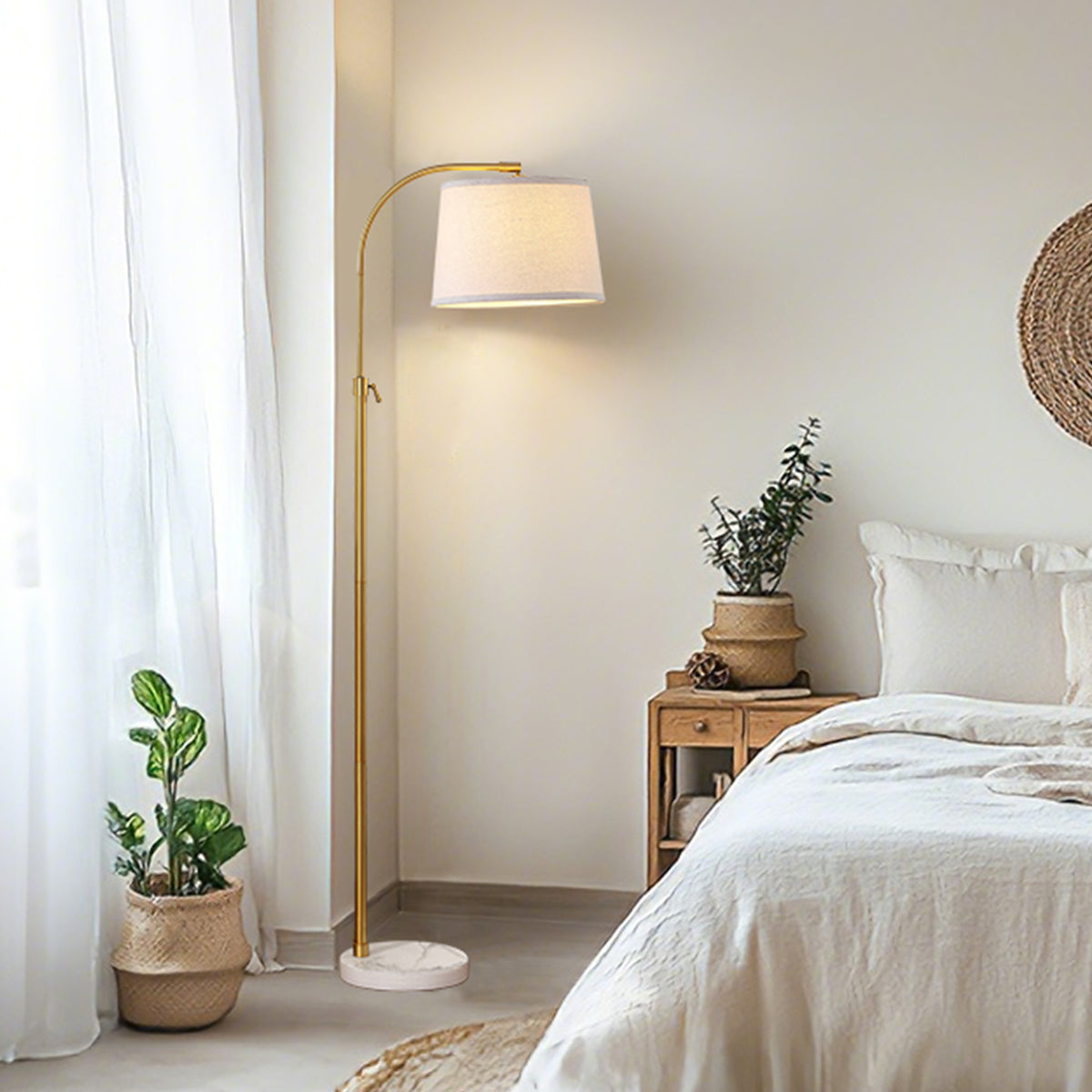 RORIA Modern Gold Floor Lamps,54-64” Height Adjustable Curved Standing Lamp,With a Linen Shade, for Bedrooms, Living Room, and Offices