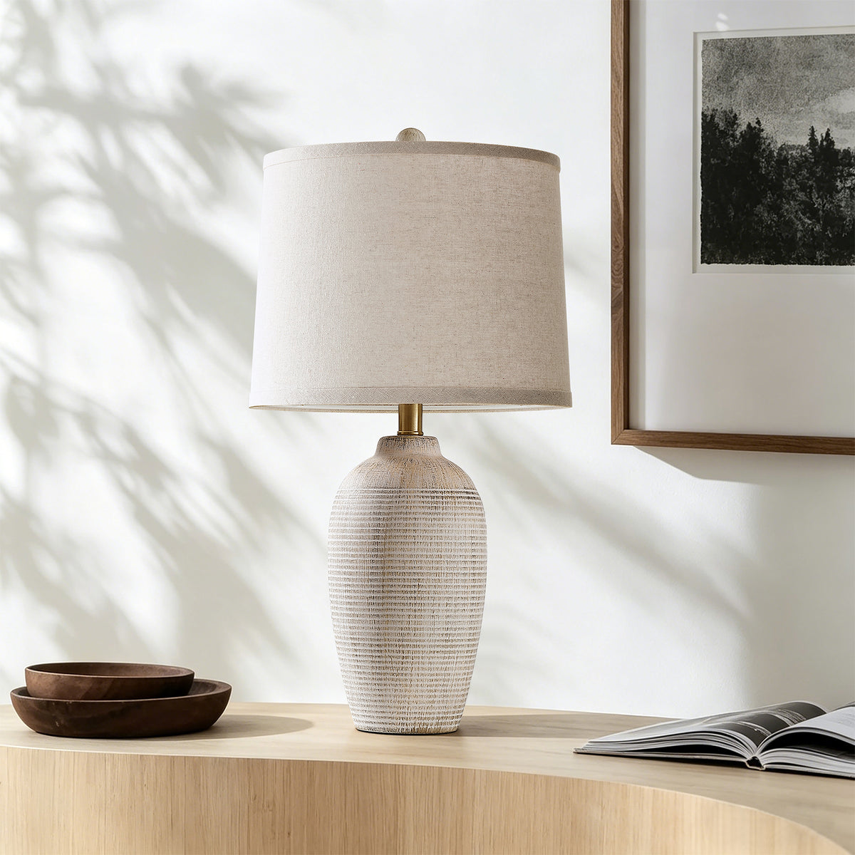 RORIA 25" White Ceramic Table Lamps Set of 2, Rustic-Style Bedside Lamps,With Round Linen Shades, for Bedrooms, Living Room, and Offices.