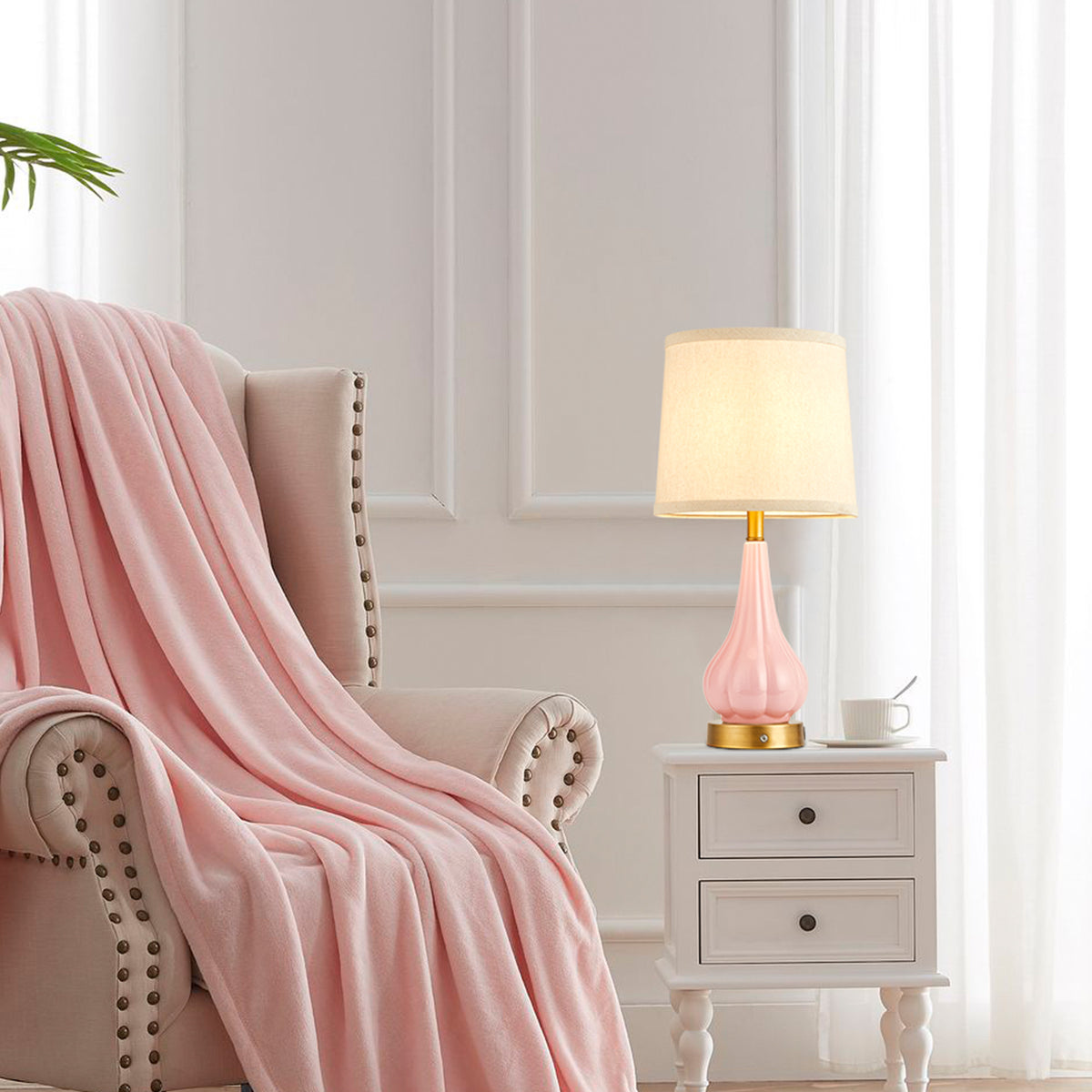 RORIA 18"Pink Ceramic Table Lamps Set of 2, Powered By a 5000mAh Rechargeable Battery, With Touch Controlled Dimming, Suitable for Living Rooms, Bedrooms, and Nightstands