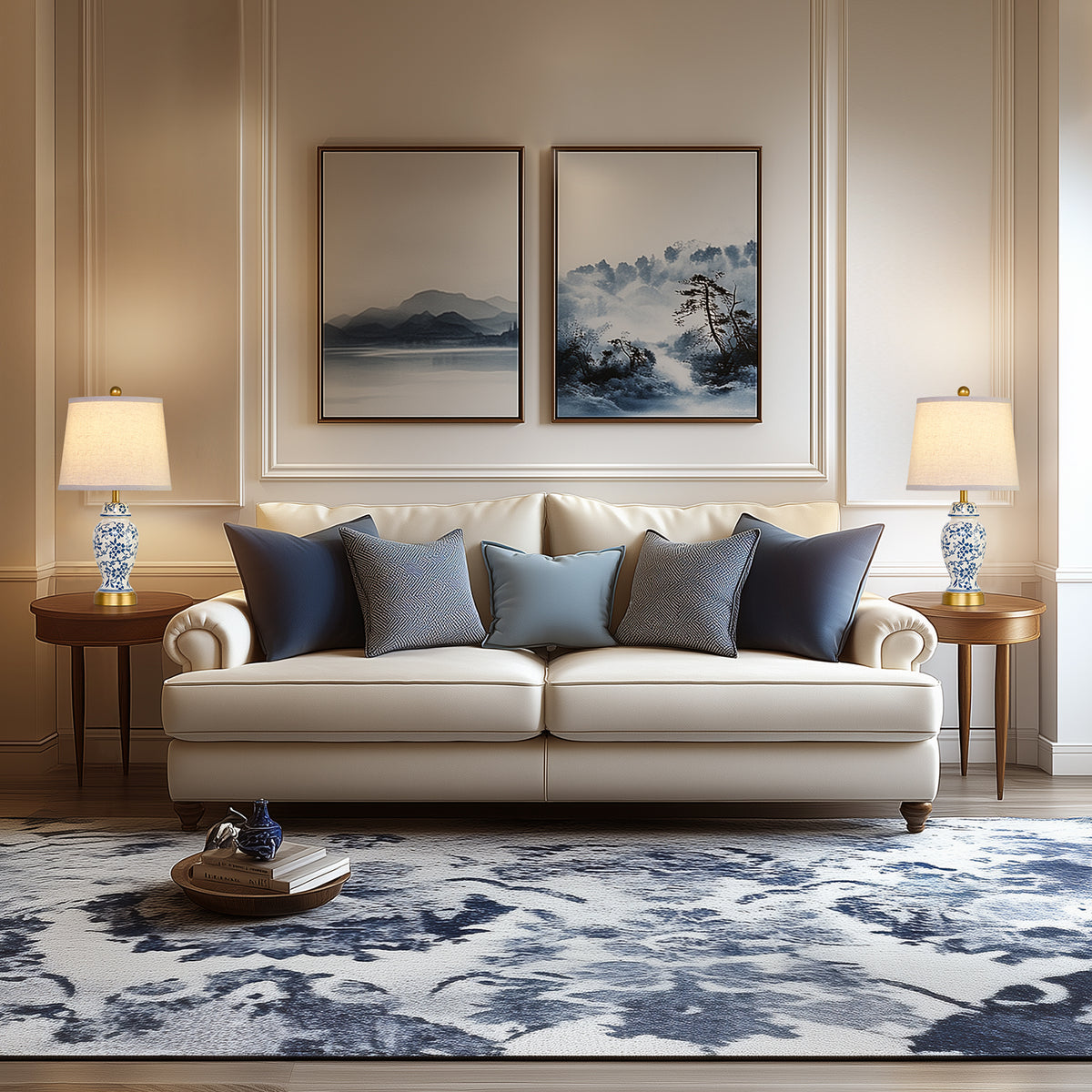 RORIA 22" Classic Blue and White Porcelain Table Lamps Set of 2, Rustic Farmhouse-Style Bedside Lamp, for Living Room or Bedroom Nightstand
