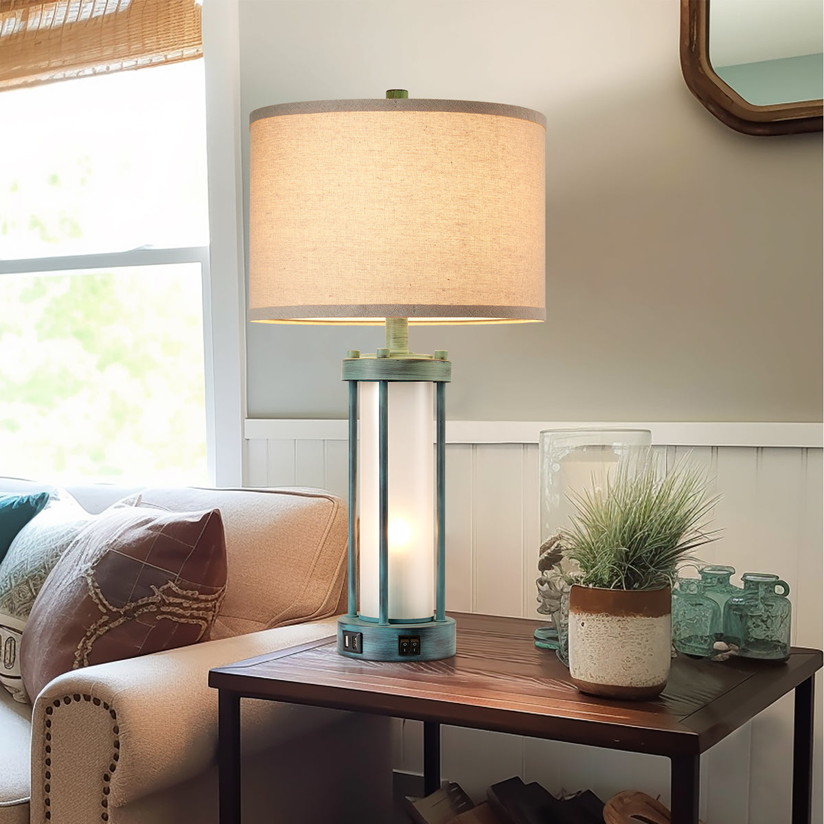 RORIA 24" Country-Style Table Lamps Set of 2, Featuring USB-C&A Ports, Metal Frame, and Glass Base, with Separate Night Light Function, for Bedrooms, Living room, and Offices.