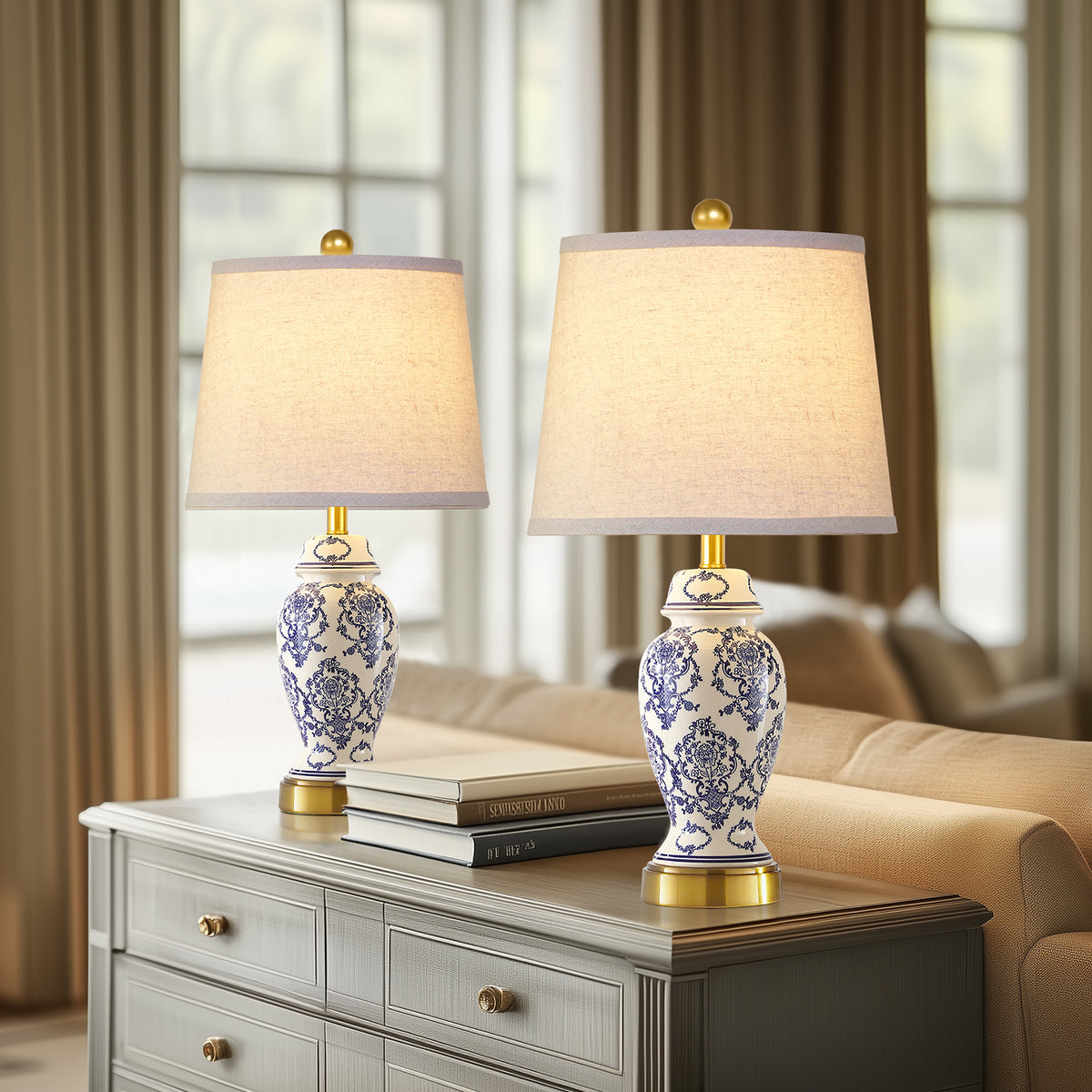 RORIA 22"Blue and White Ceramic Table Lamps Set of 2,Traditional Chinese-Style Bedside Lamps, for Living Room and Bedside Tables in Bedrooms