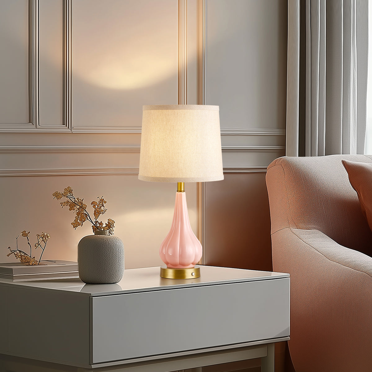 RORIA 18"Pink Ceramic Table Lamps Set of 2, Powered By a 5000mAh Rechargeable Battery, With Touch Controlled Dimming, Suitable for Living Rooms, Bedrooms, and Nightstands