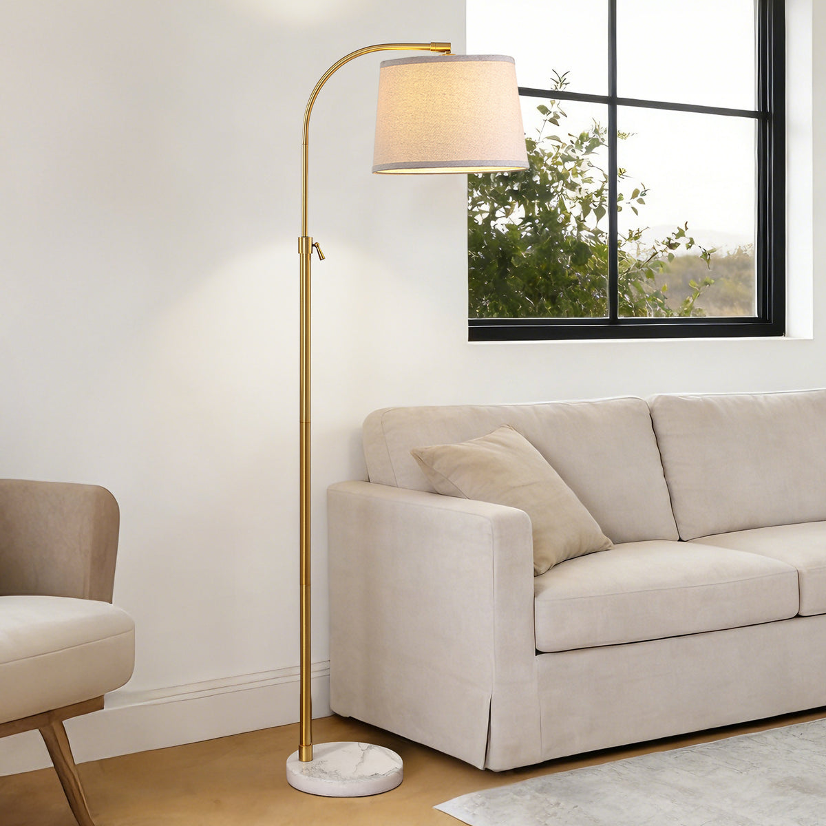 RORIA Modern Gold Floor Lamps,54-64” Height Adjustable Curved Standing Lamp,With a Linen Shade, for Bedrooms, Living Room, and Offices