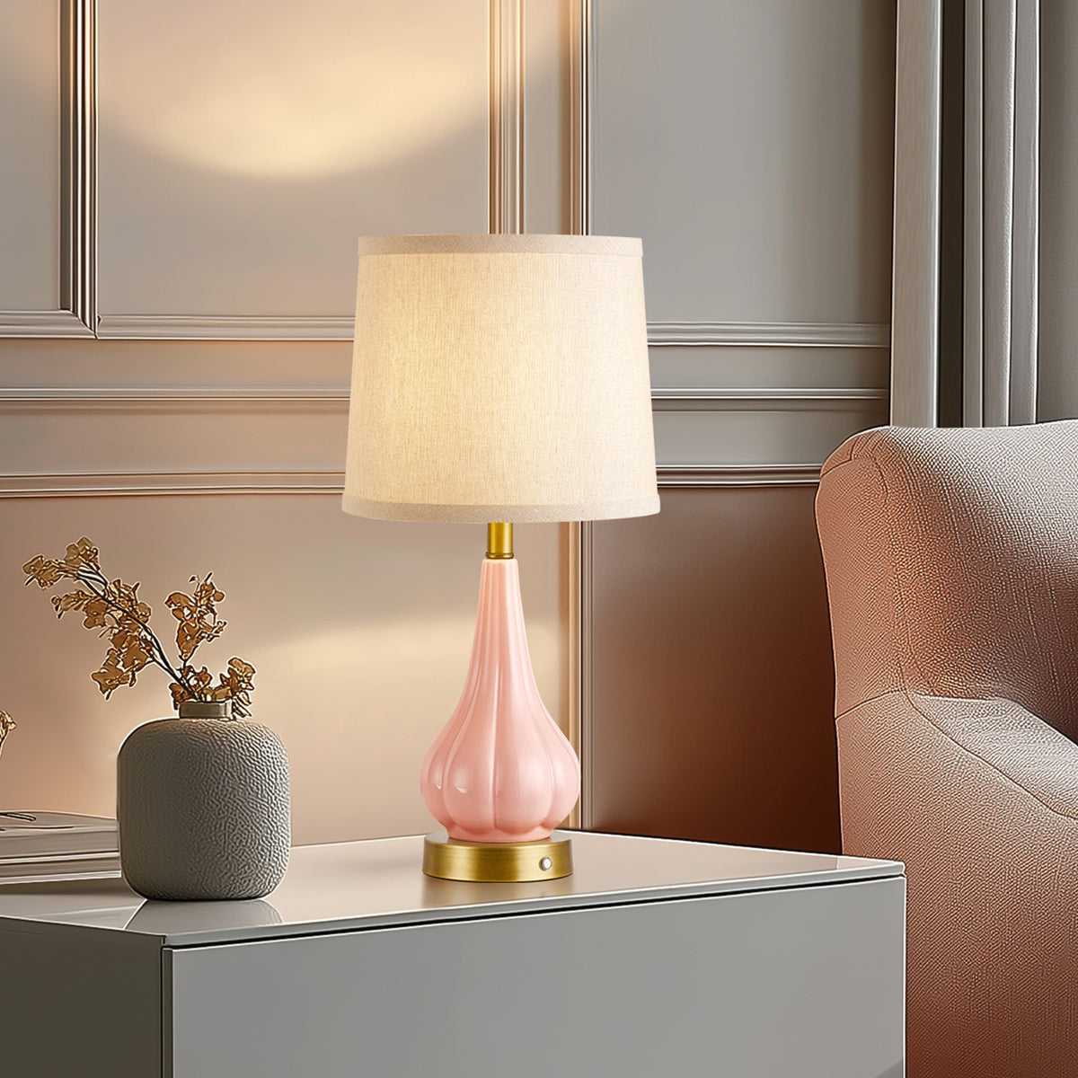 RORIA 18"Pink Ceramic Table Lamps Set of 2, Powered By a 5000mAh Rechargeable Battery, With Touch Controlled Dimming, Suitable for Living Rooms, Bedrooms, and Nightstands