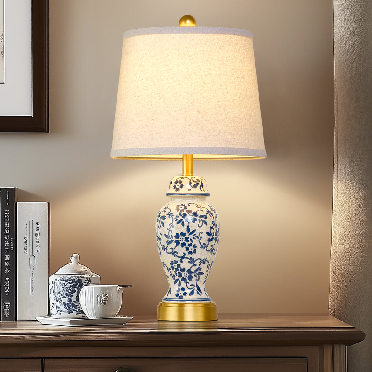 RORIA 22" Classic Blue and White Porcelain Table Lamps Set of 2, Rustic Farmhouse-Style Bedside Lamp, for Living Room or Bedroom Nightstand