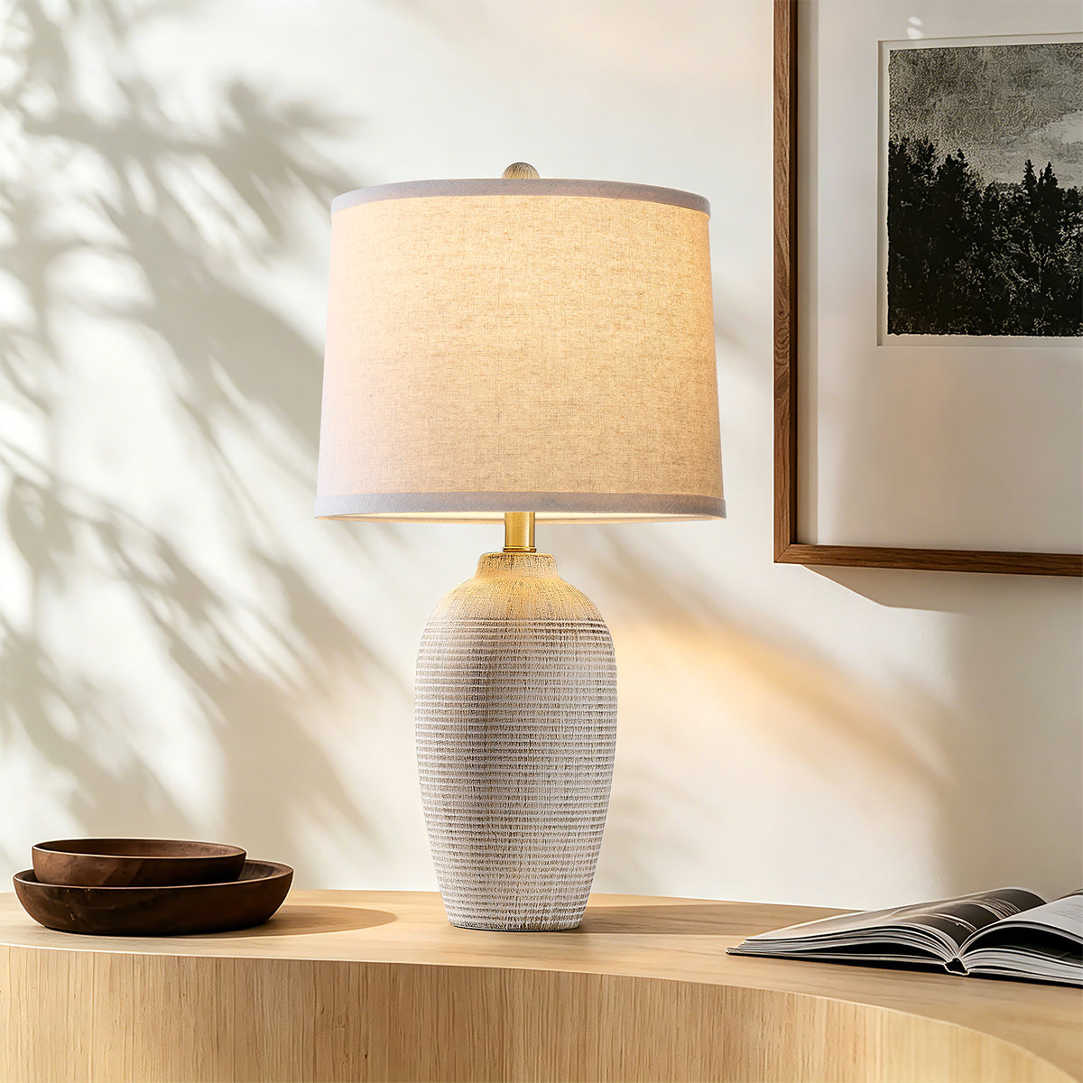 RORIA 25" White Ceramic Table Lamps Set of 2, Rustic-Style Bedside Lamps,With Round Linen Shades, for Bedrooms, Living Room, and Offices.