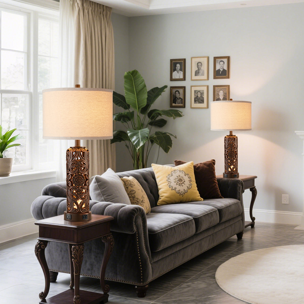 RORIA Set of 2 25" Farmhouse Table Lamps with USB-C&A Ports, Linen Shade, Hollow Resin Base with Independent Night Light, for Bedroom Living Room