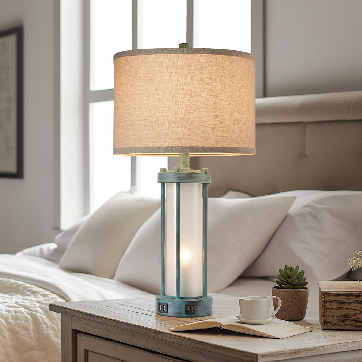 RORIA 24" Country-Style Table Lamps Set of 2, Featuring USB-C&A Ports, Metal Frame, and Glass Base, with Separate Night Light Function, for Bedrooms, Living room, and Offices.