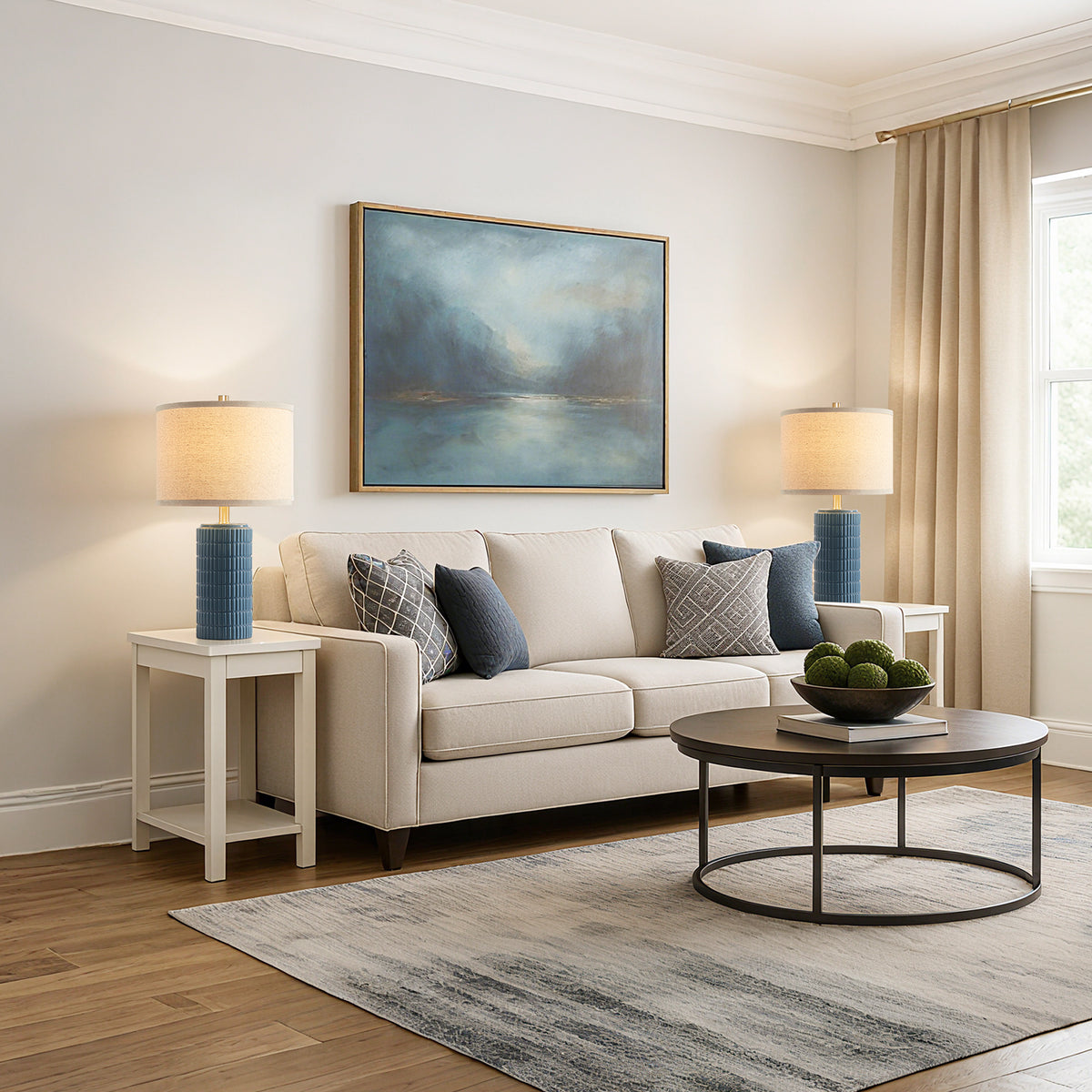 RORIA 23” Blue Ceramic Table Lamps Set of 2 for Bedrooms and Living Room with a Linen Bell-Shaped Shade Modern-Style Bedside Lamp
