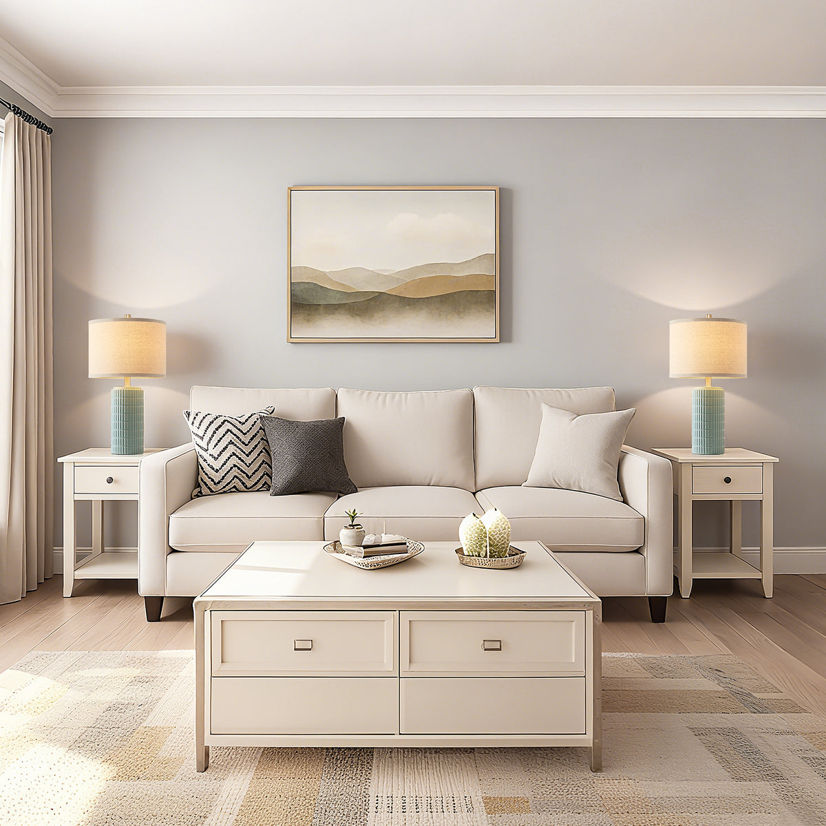 RORIA 23" Light Blue Table Lamps Set of 2, Modern Ceramic Bedside Lamps,with Round Linen Shades, for Bedrooms, Living Room, and Offices.