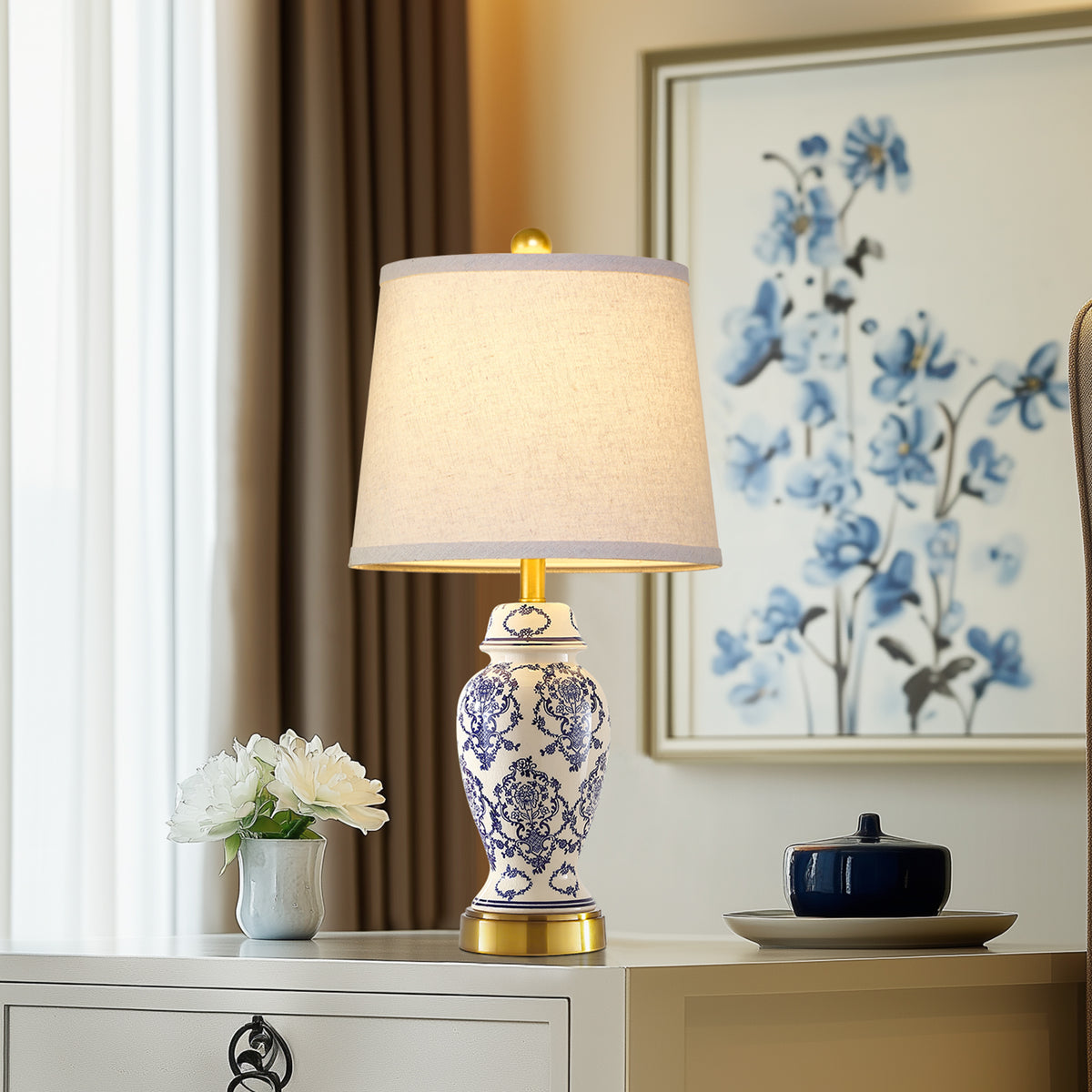 RORIA 22"Blue and White Ceramic Table Lamps Set of 2,Traditional Chinese-Style Bedside Lamps, for Living Room and Bedside Tables in Bedrooms