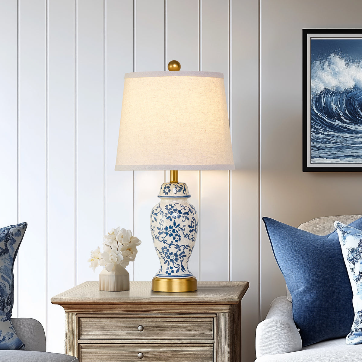 RORIA 22" Classic Blue and White Porcelain Table Lamps Set of 2, Rustic Farmhouse-Style Bedside Lamp, for Living Room or Bedroom Nightstand