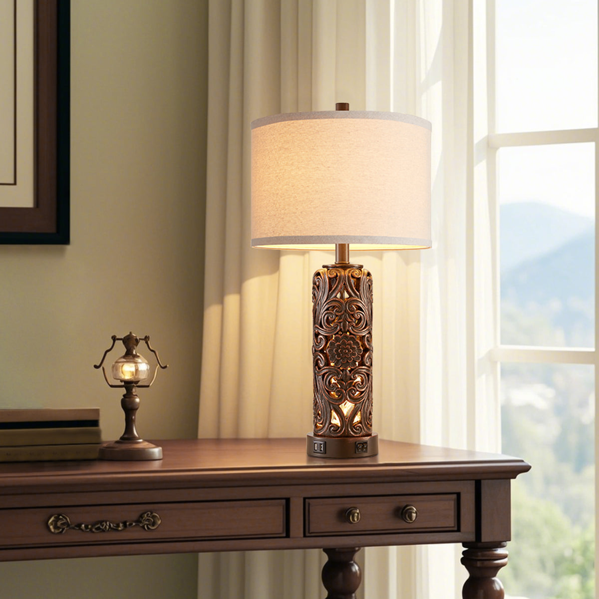 RORIA Set of 2 25" Farmhouse Table Lamps with USB-C&A Ports, Linen Shade, Hollow Resin Base with Independent Night Light, for Bedroom Living Room