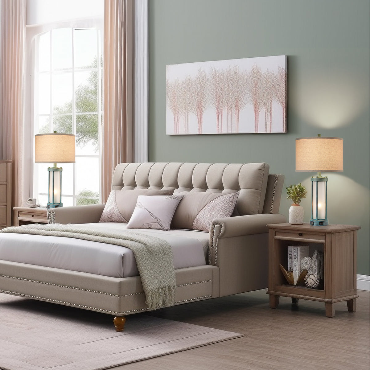 RORIA 24" Country-Style Table Lamps Set of 2, Featuring USB-C&A Ports, Metal Frame, and Glass Base, with Separate Night Light Function, for Bedrooms, Living room, and Offices.
