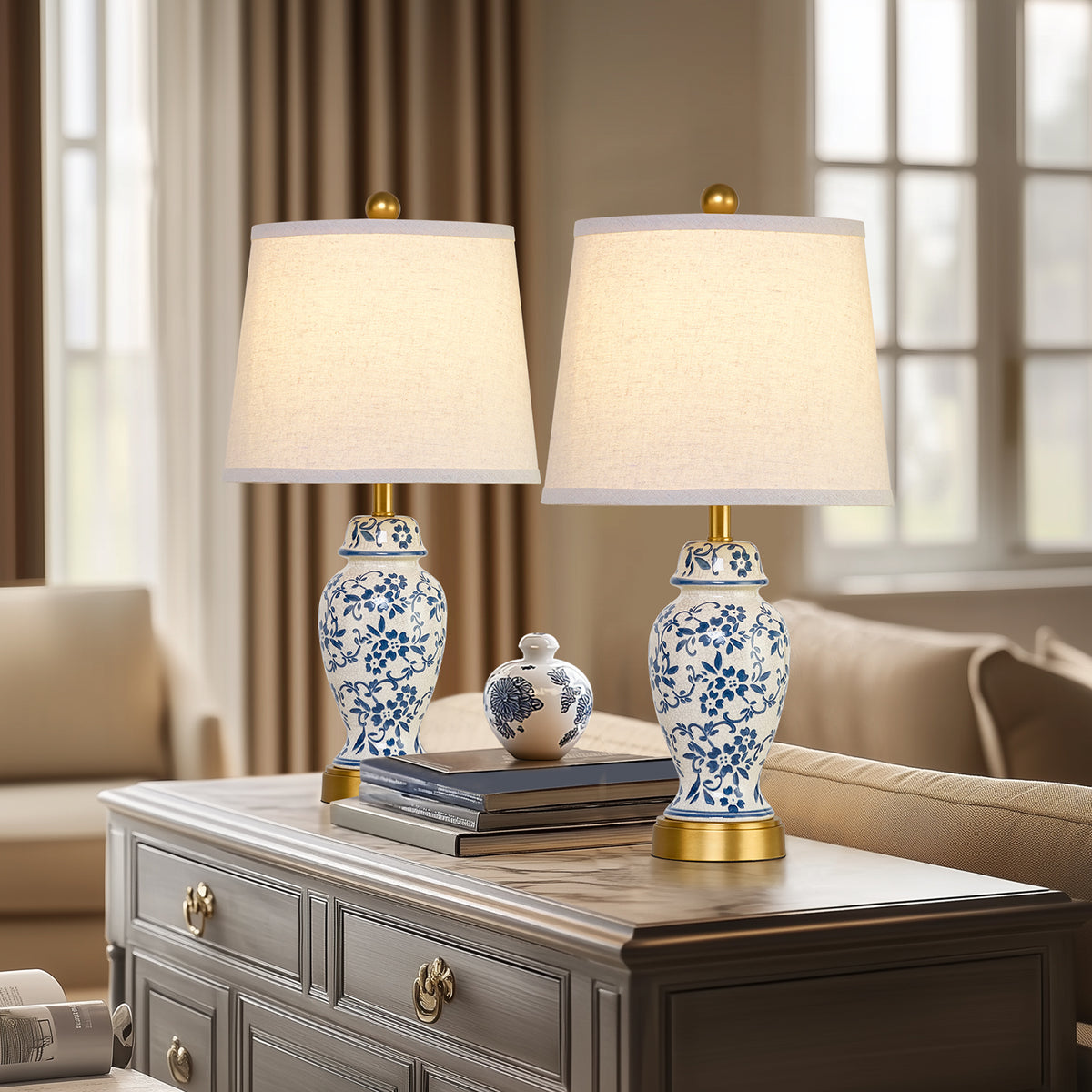 RORIA 22" Classic Blue and White Porcelain Table Lamps Set of 2, Rustic Farmhouse-Style Bedside Lamp, for Living Room or Bedroom Nightstand