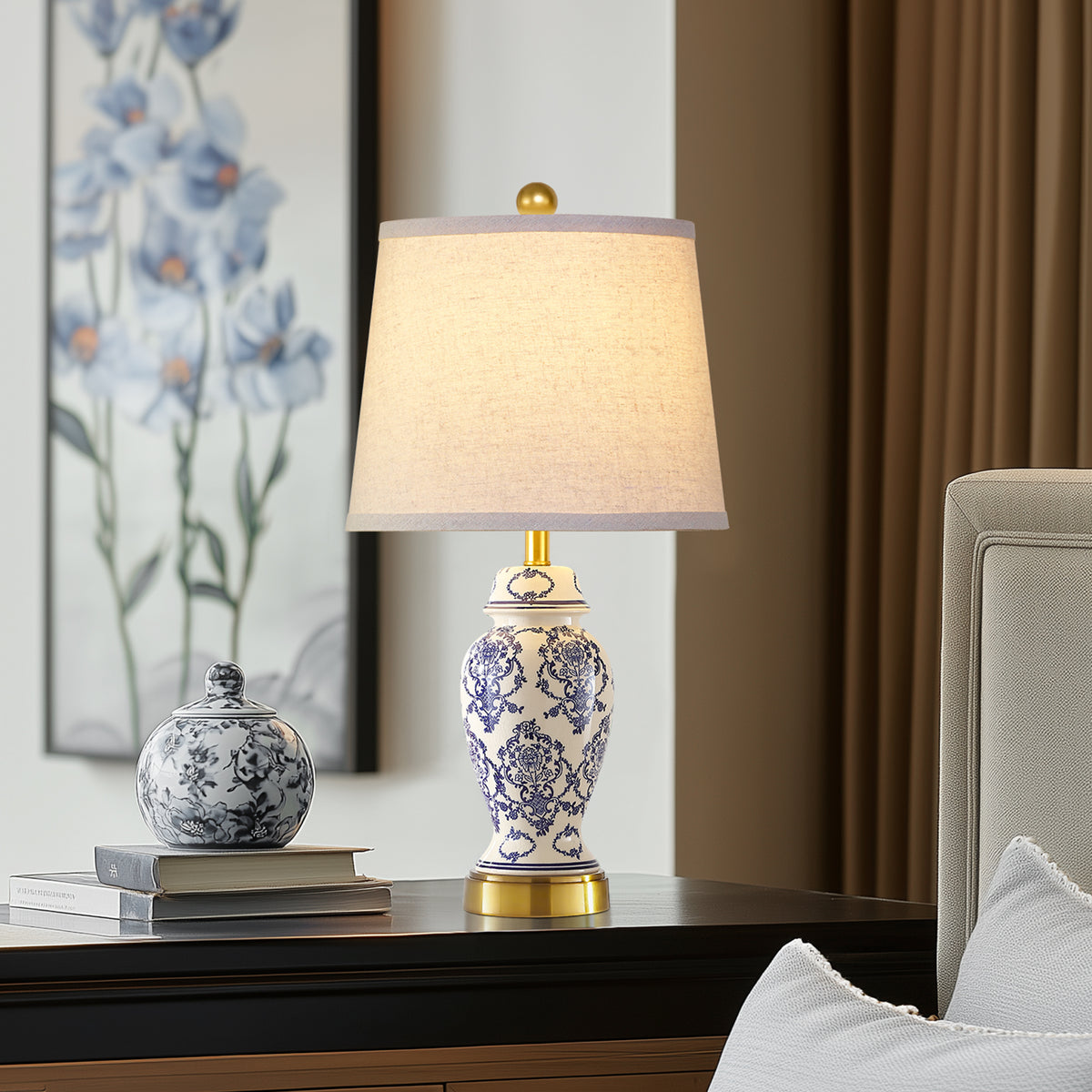 RORIA 22"Blue and White Ceramic Table Lamps Set of 2,Traditional Chinese-Style Bedside Lamps, for Living Room and Bedside Tables in Bedrooms