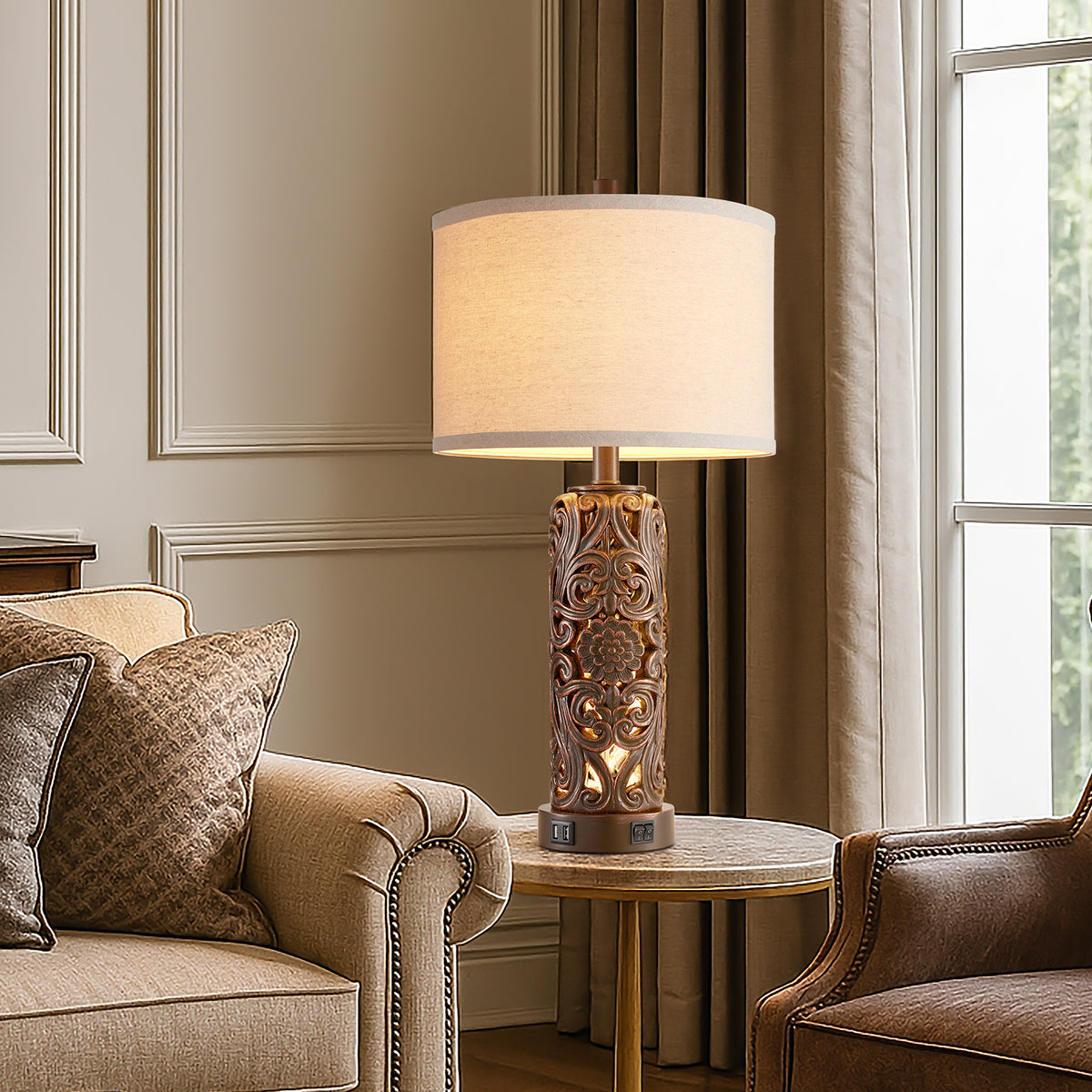 RORIA Set of 2 25" Farmhouse Table Lamps with USB-C&A Ports, Linen Shade, Hollow Resin Base with Independent Night Light, for Bedroom Living Room