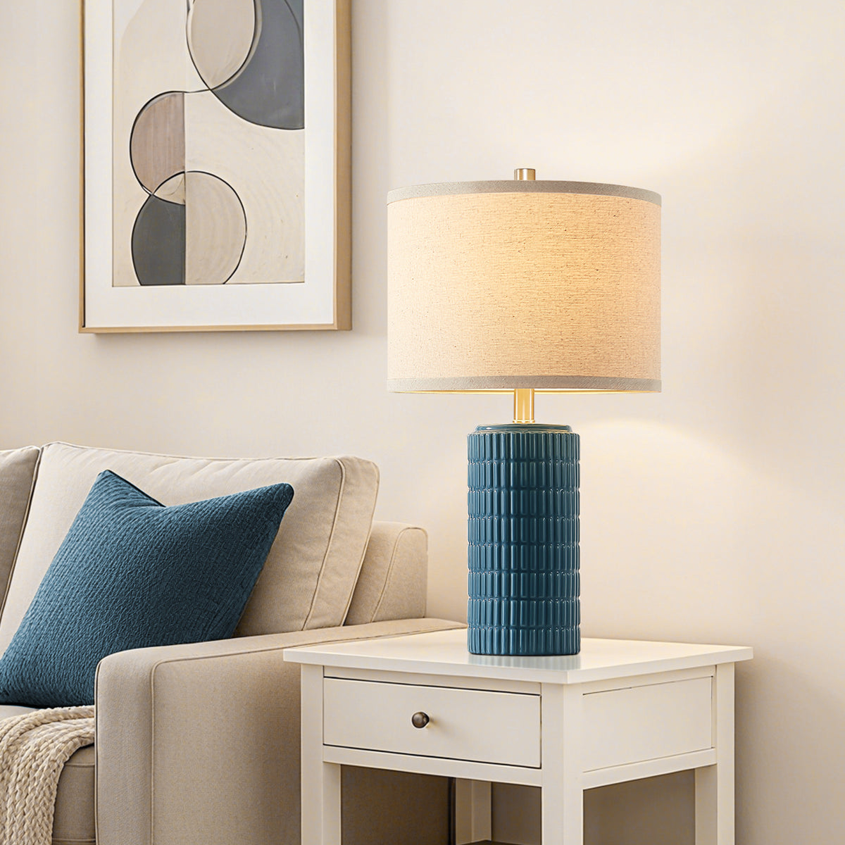 RORIA 23” Blue Ceramic Table Lamps Set of 2 for Bedrooms and Living Room with a Linen Bell-Shaped Shade Modern-Style Bedside Lamp