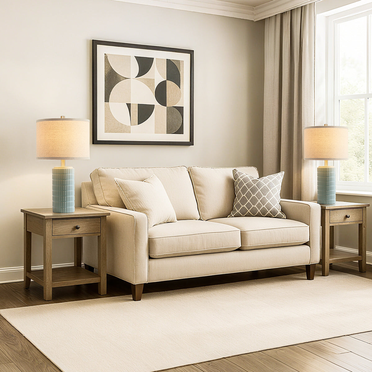 RORIA 23" Light Blue Table Lamps Set of 2, Modern Ceramic Bedside Lamps,with Round Linen Shades, for Bedrooms, Living Room, and Offices.