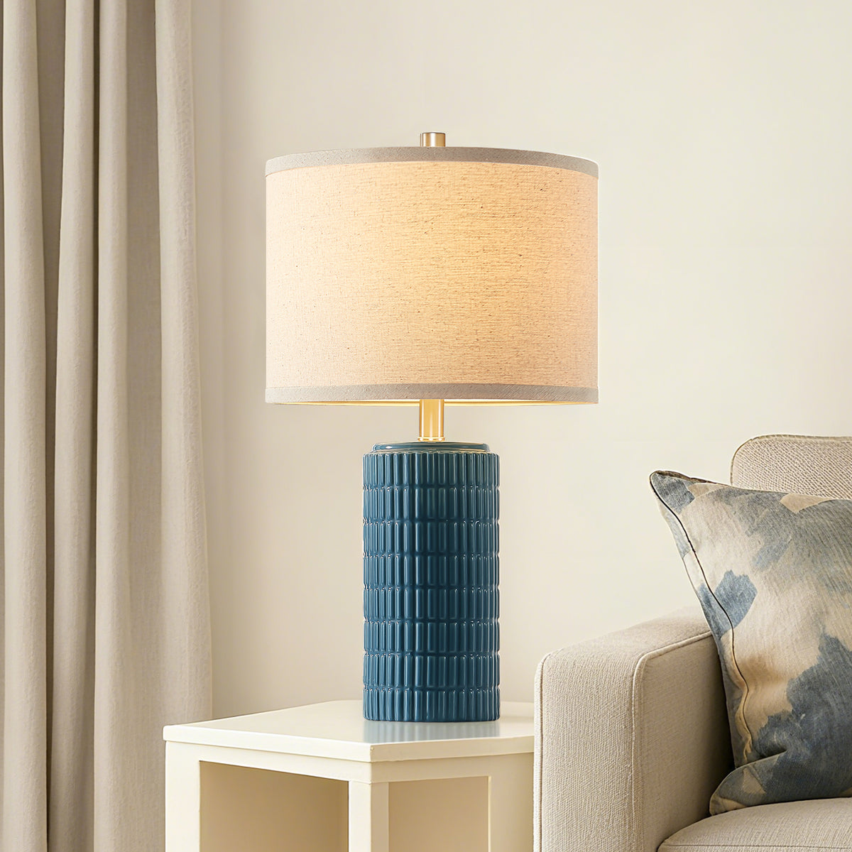 RORIA 23” Blue Ceramic Table Lamps Set of 2 for Bedrooms and Living Room with a Linen Bell-Shaped Shade Modern-Style Bedside Lamp