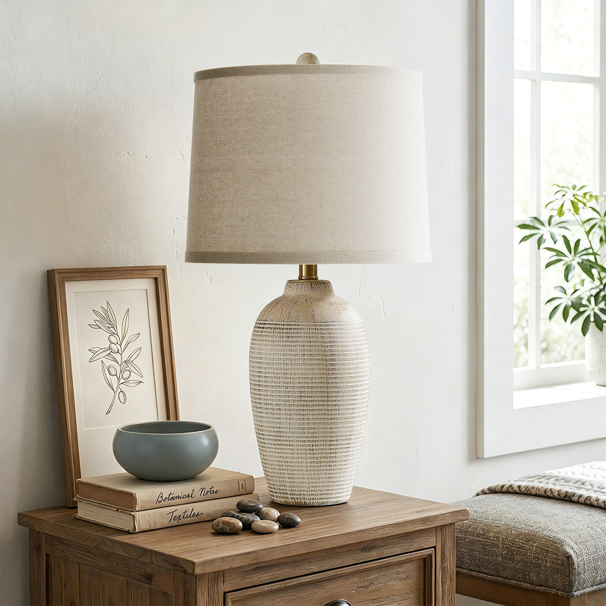 RORIA 25" White Ceramic Table Lamps Set of 2, Rustic-Style Bedside Lamps,With Round Linen Shades, for Bedrooms, Living Room, and Offices.