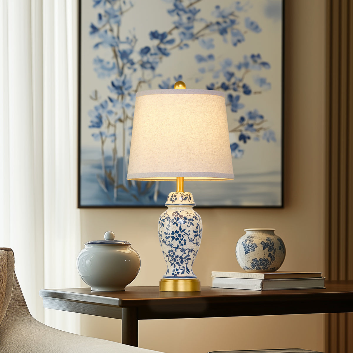 RORIA 22" Classic Blue and White Porcelain Table Lamps Set of 2, Rustic Farmhouse-Style Bedside Lamp, for Living Room or Bedroom Nightstand