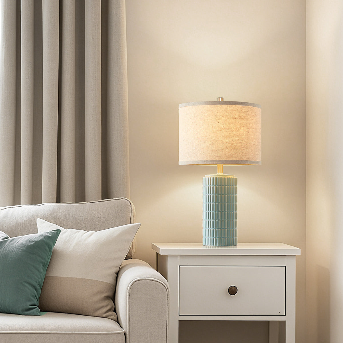 RORIA 23" Light Blue Table Lamps Set of 2, Modern Ceramic Bedside Lamps,with Round Linen Shades, for Bedrooms, Living Room, and Offices.