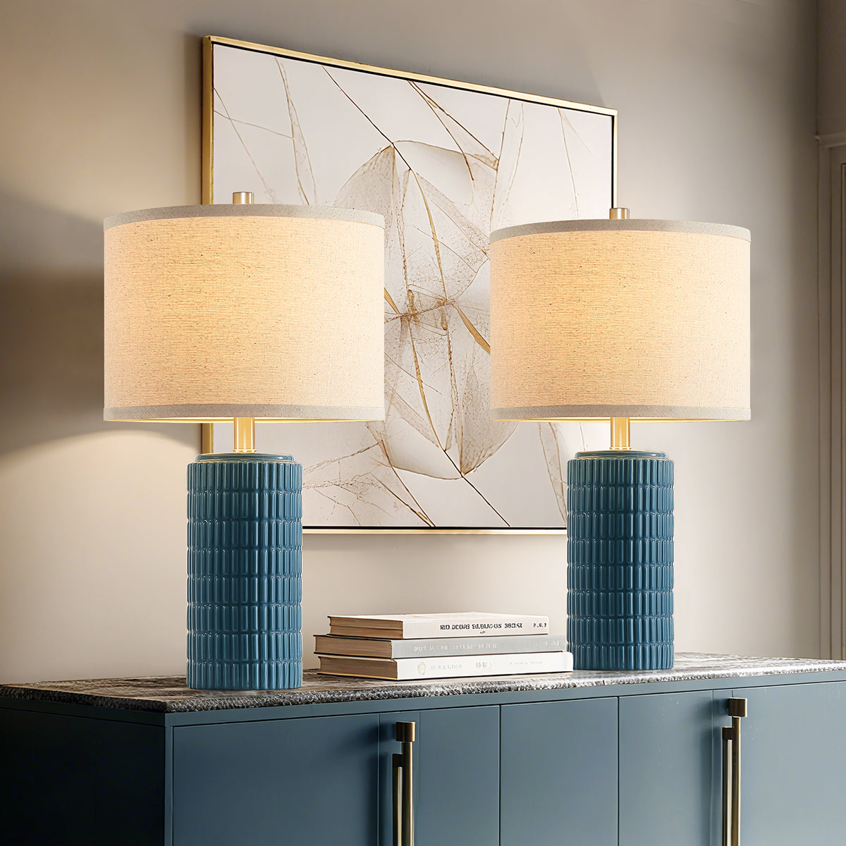 RORIA 23” Blue Ceramic Table Lamps Set of 2 for Bedrooms and Living Room with a Linen Bell-Shaped Shade Modern-Style Bedside Lamp