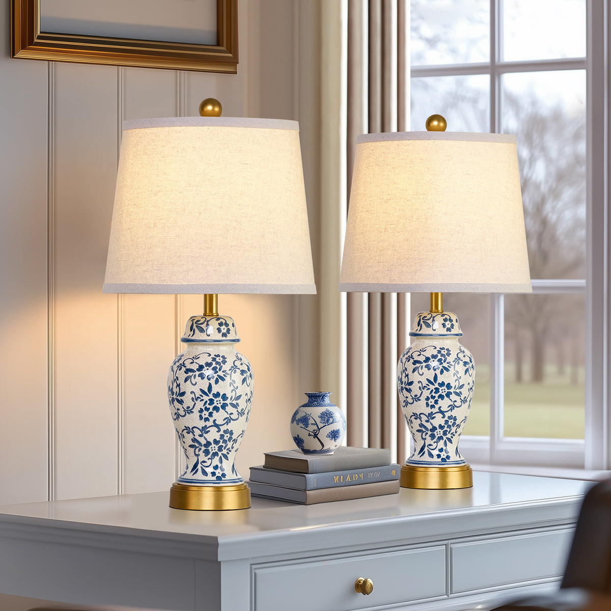 RORIA 22" Classic Blue and White Porcelain Table Lamps Set of 2, Rustic Farmhouse-Style Bedside Lamp, for Living Room or Bedroom Nightstand