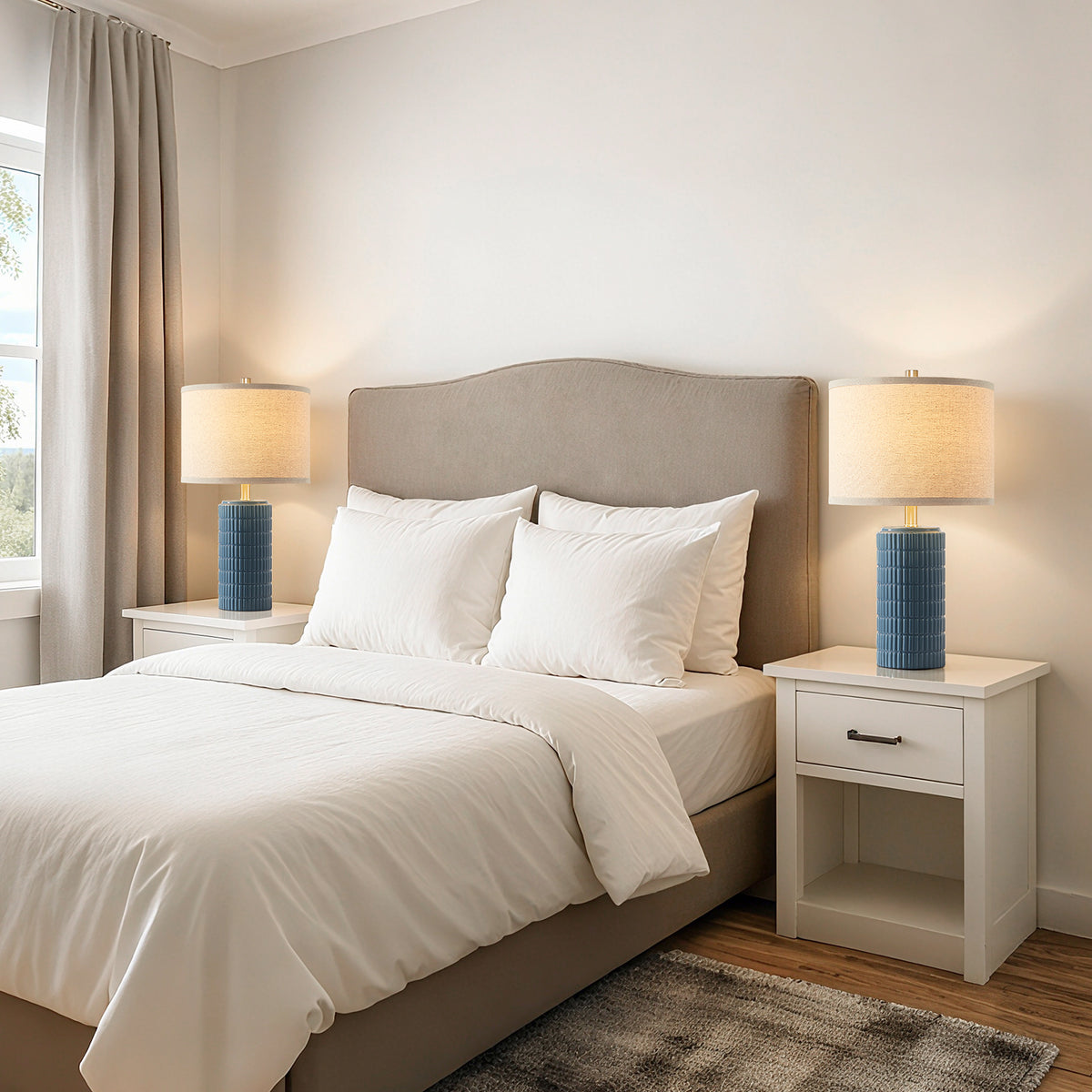 RORIA 23” Blue Ceramic Table Lamps Set of 2 for Bedrooms and Living Room with a Linen Bell-Shaped Shade Modern-Style Bedside Lamp
