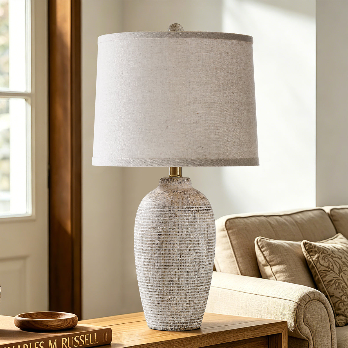 RORIA 25" White Ceramic Table Lamps Set of 2, Rustic-Style Bedside Lamps,With Round Linen Shades, for Bedrooms, Living Room, and Offices.
