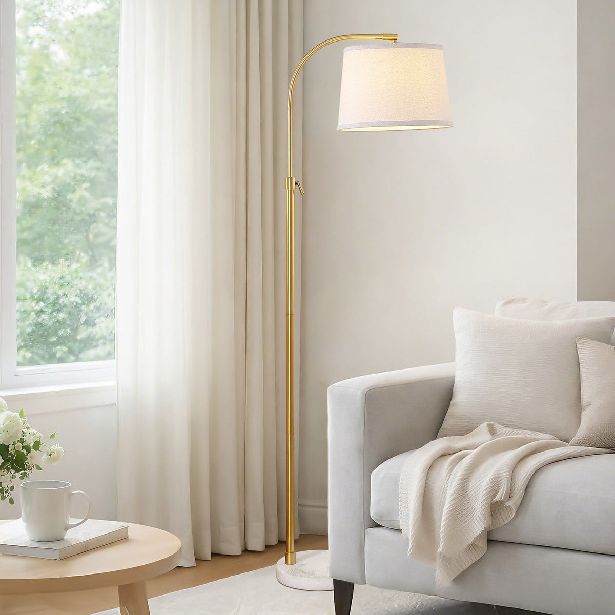 RORIA Modern Gold Floor Lamps,54-64” Height Adjustable Curved Standing Lamp,With a Linen Shade, for Bedrooms, Living Room, and Offices