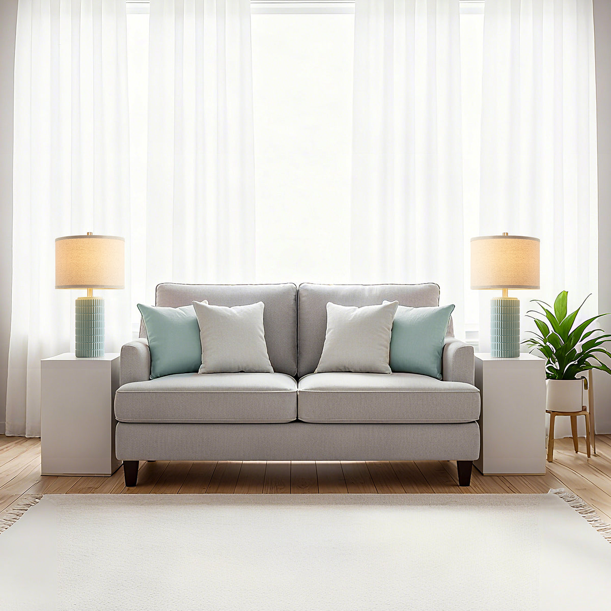 RORIA 23" Light Blue Table Lamps Set of 2, Modern Ceramic Bedside Lamps,with Round Linen Shades, for Bedrooms, Living Room, and Offices.