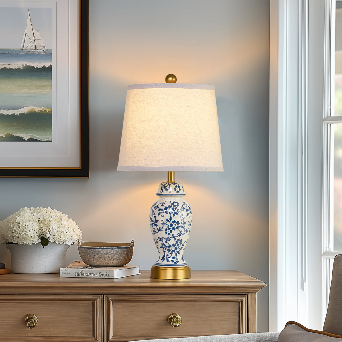 RORIA 22" Classic Blue and White Porcelain Table Lamps Set of 2, Rustic Farmhouse-Style Bedside Lamp, for Living Room or Bedroom Nightstand