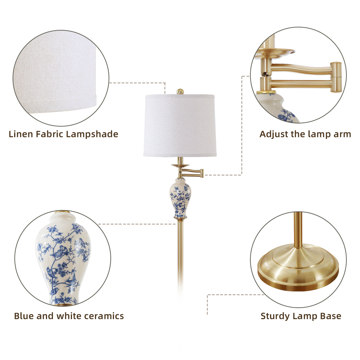 JUJUYUYOP 63" Floor lamp for the living room, with a 355° adjustable swivel arm and a linen shade; suitable for bedrooms, offices, and home offices (bulb included)
