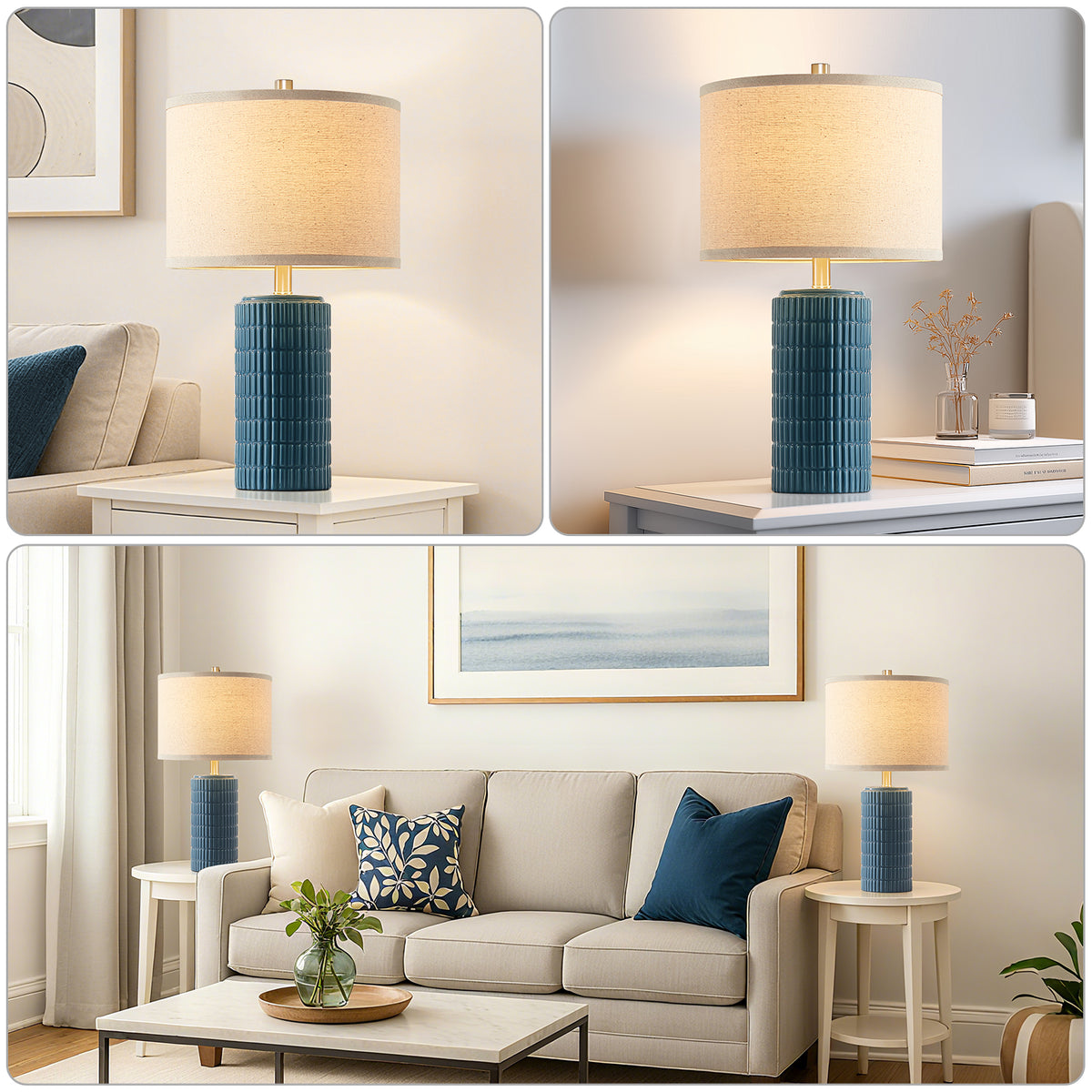 RORIA 23” Blue Ceramic Table Lamps Set of 2 for Bedrooms and Living Room with a Linen Bell-Shaped Shade Modern-Style Bedside Lamp
