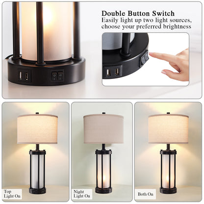 RORIA 24"Modern Living Room Table Lamps Set of 2, with Dual USB-C&A Charging Ports, Built-in Frosted White Glass Night Light, Black Retro Country Farmhouse Style, for Bedroom Bedside Lamps