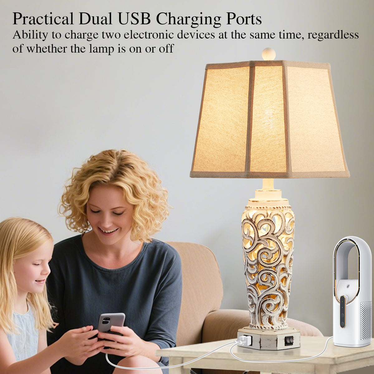 JUJUYUYOP 27" White Rustic Farmhouse Style Living Room Table Lamps Set of 2, Dual USB Charging Ports Ideal for Nightstands (Bulbs Included)