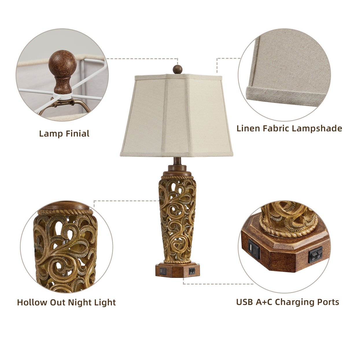 JUJUYUYOP 27" Living Room Farmhouse Table Lamps Set of 2 with Dual USB Ports Red-Brown Resin Vintage Bedside Table Lamp ，Suitable for entryways and offices (bulb included)