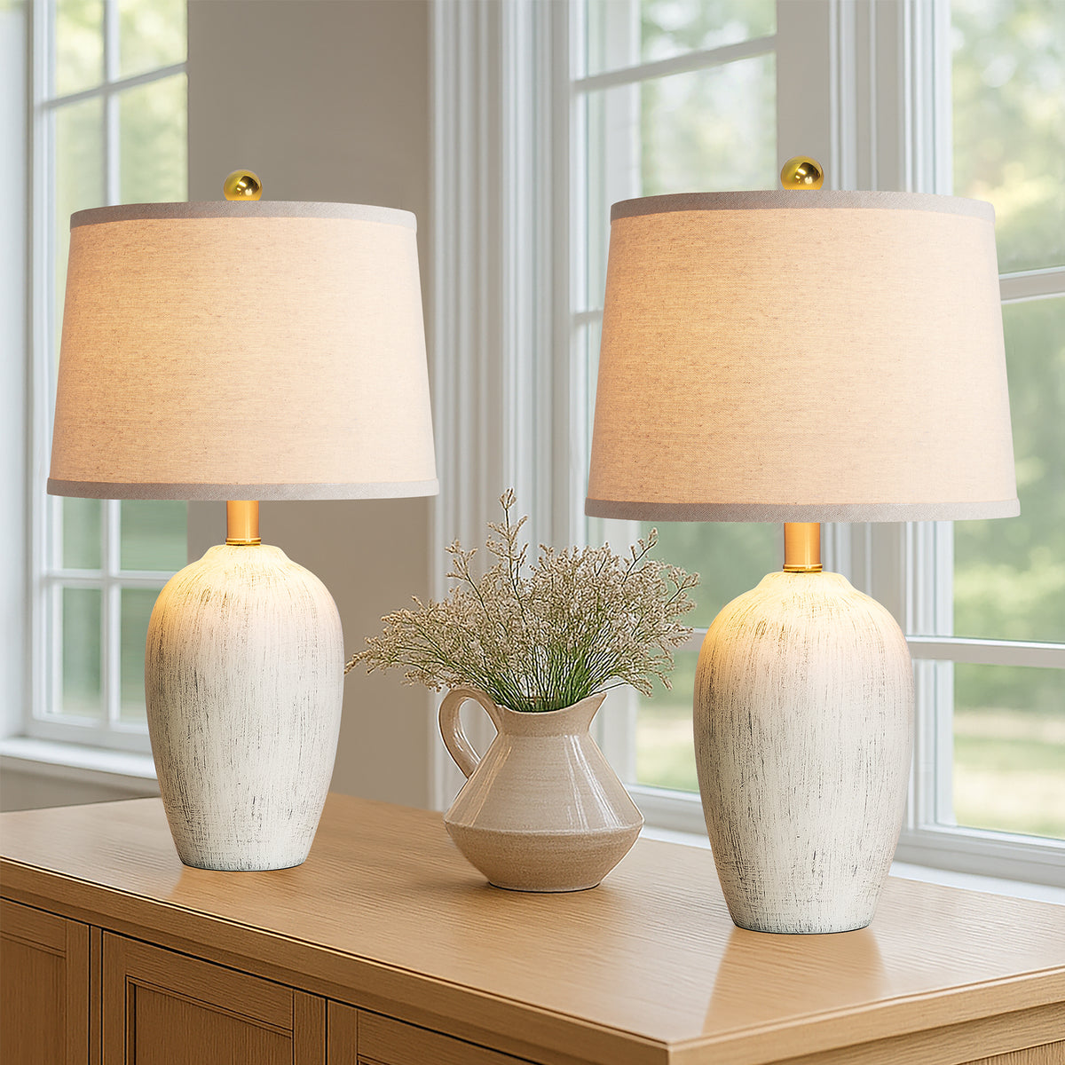 JUJUYUYOP 21" Linen Lampshade Off-White Ceramic Table Lamps Set of 2,Modern Bedside Lamps,for Living Room and Bedrooms(bulb included)