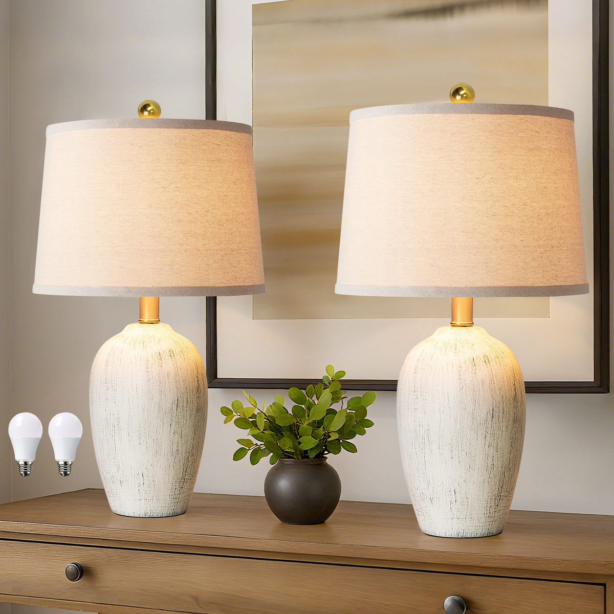JUJUYUYOP 21" Linen Lampshade Off-White Ceramic Table Lamps Set of 2,Modern Bedside Lamps,for Living Room and Bedrooms(bulb included)