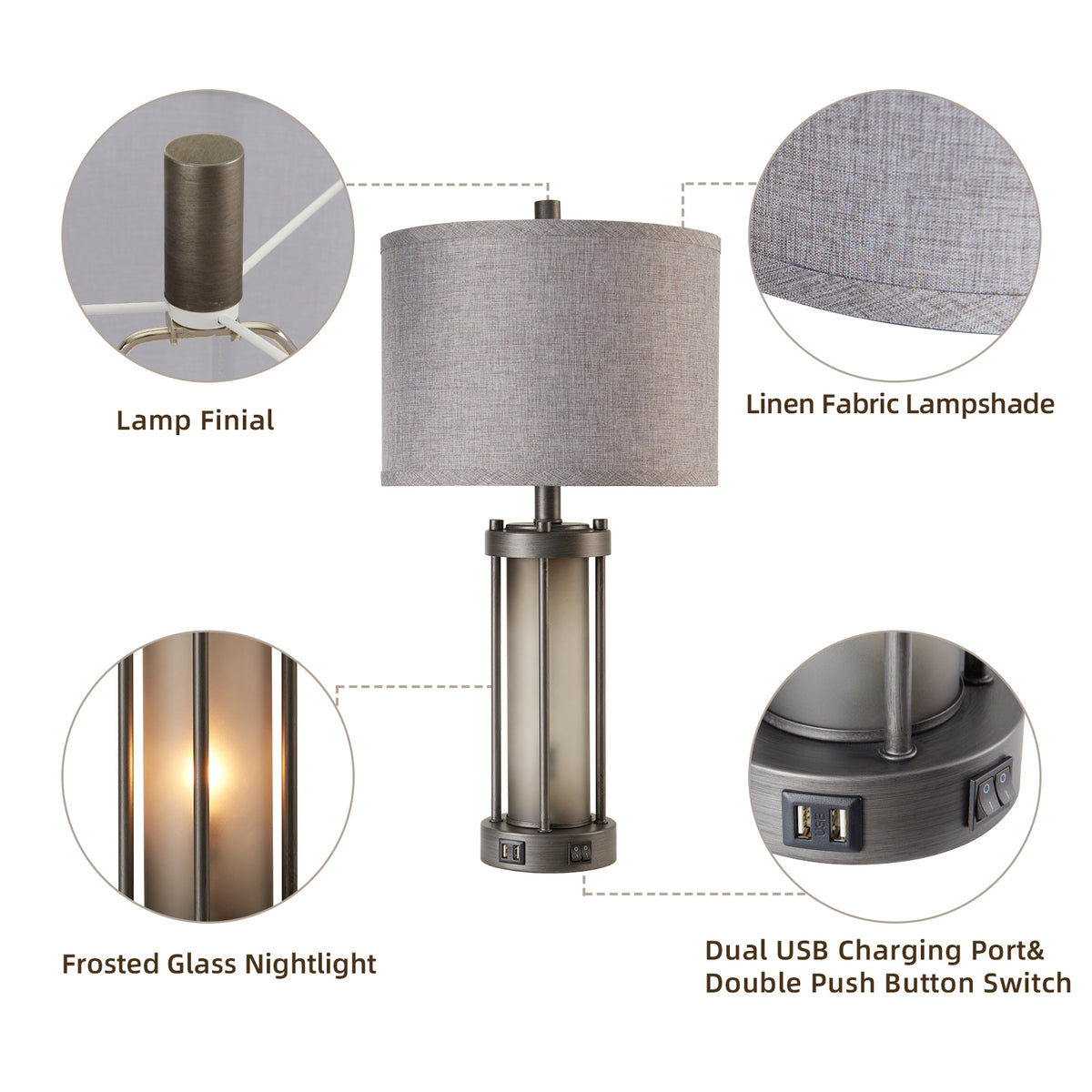 RORIA 25"Retro Table Lamps Set of 2, Farmhouse Style Bedside Lamps, Featuring USB-A&C Charging Ports and a Night Light Function, for Bedrooms, Living Room, and Offices (includes 2 bulbs).
