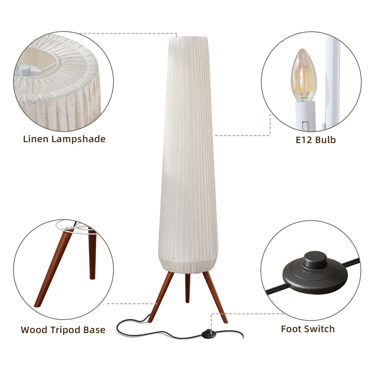 Rohopeto Wooden Tripod Floor lamps, Foot Switch, 61" Tall, Three Headed Floor Lamps, Floor Lamps for Bedroom,Modern Living Room Floor Lamps Multiple Head (Bulbs Included) Manufactured in Guangdong