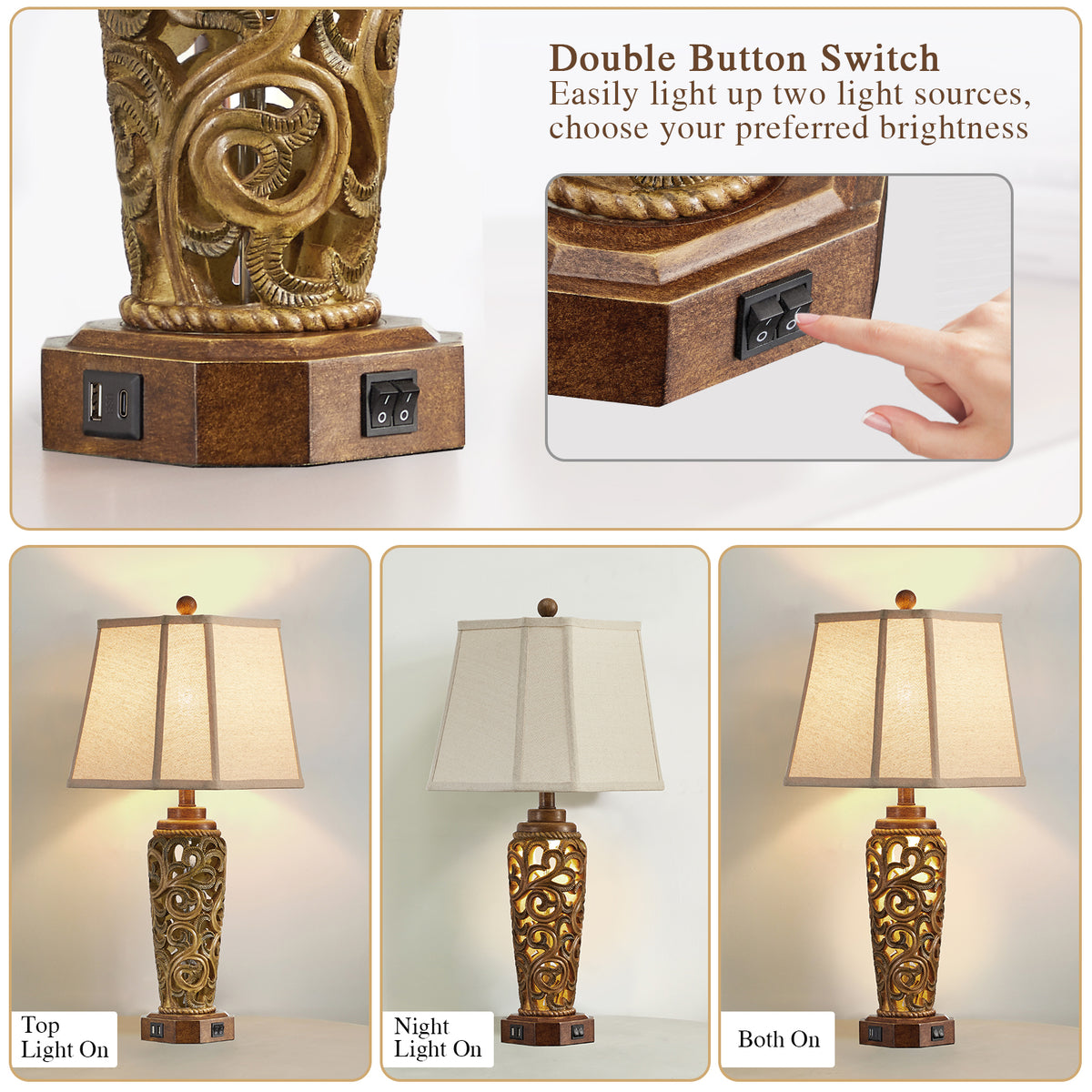 JUJUYUYOP 27" Living Room Farmhouse Table Lamps Set of 2 with Dual USB Ports Red-Brown Resin Vintage Bedside Table Lamp ，Suitable for entryways and offices (bulb included)