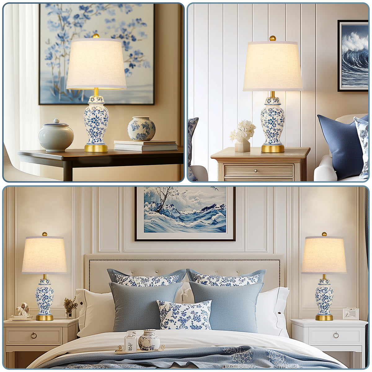 RORIA 22" Classic Blue and White Porcelain Table Lamps Set of 2, Rustic Farmhouse-Style Bedside Lamp, for Living Room or Bedroom Nightstand