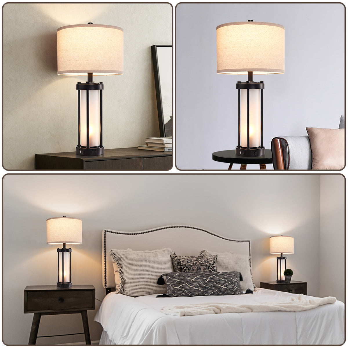 RORIA 24"Modern Living Room Table Lamps Set of 2, with Dual USB-C&A Charging Ports, Built-in Frosted White Glass Night Light, Black Retro Country Farmhouse Style, for Bedroom Bedside Lamps