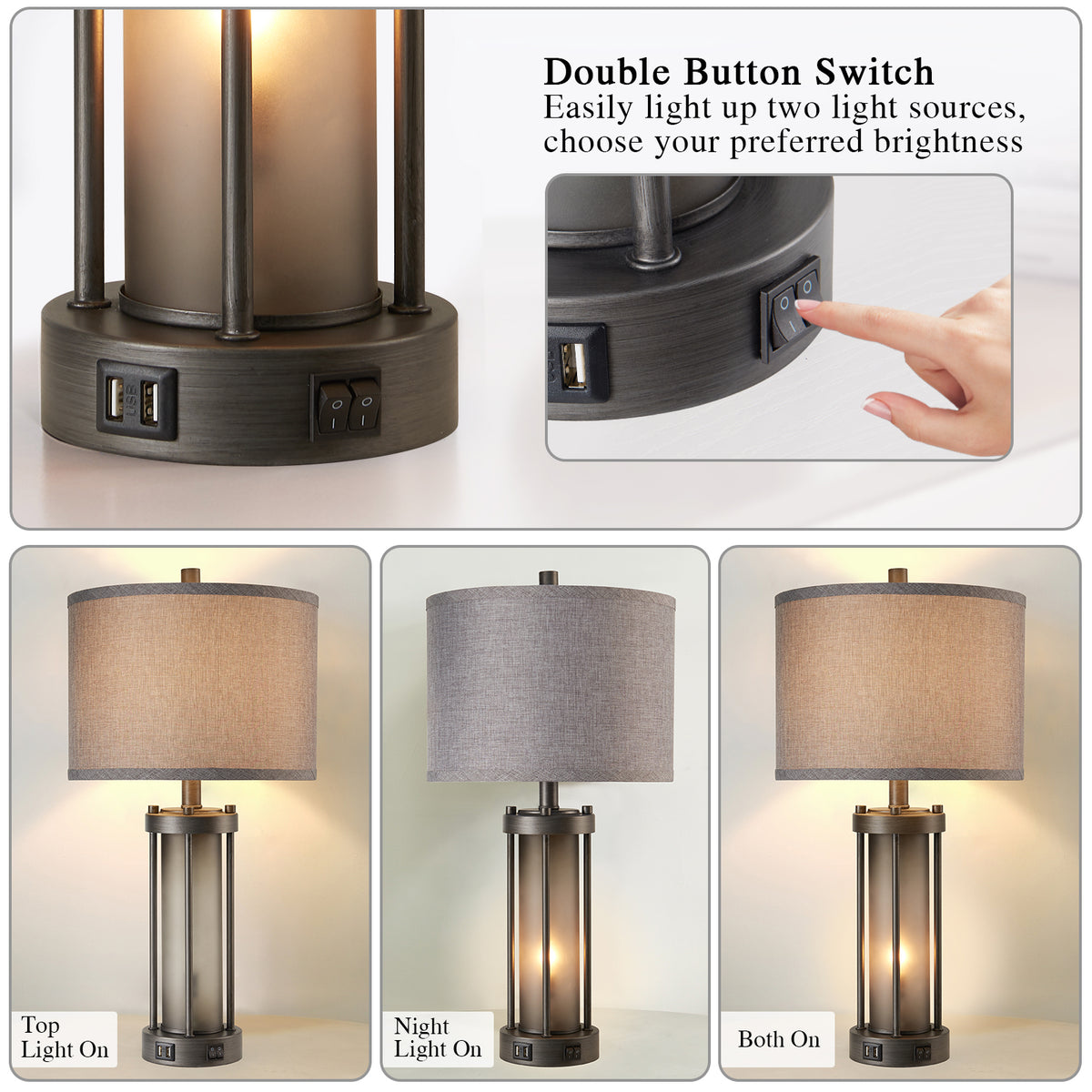 RORIA 25"Retro Table Lamps Set of 2, Farmhouse Style Bedside Lamps, Featuring USB-A&C Charging Ports and a Night Light Function, for Bedrooms, Living Room, and Offices (includes 2 bulbs).