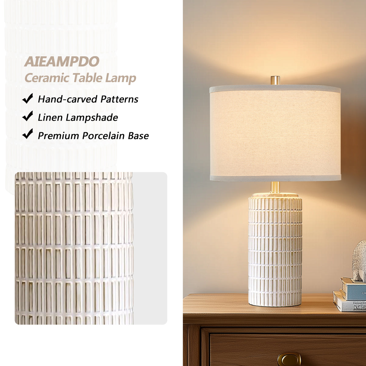 RORIA 23” White Ceramic Table Lamps Set of 2, Modern Style Bedside Lamps,for Bedrooms, Living Rooms, and Offices