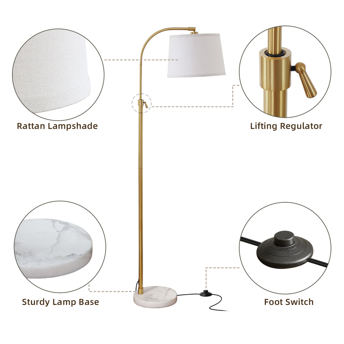 RORIA Modern Gold Floor Lamps,54-64” Height Adjustable Curved Standing Lamp,With a Linen Shade, for Bedrooms, Living Room, and Offices